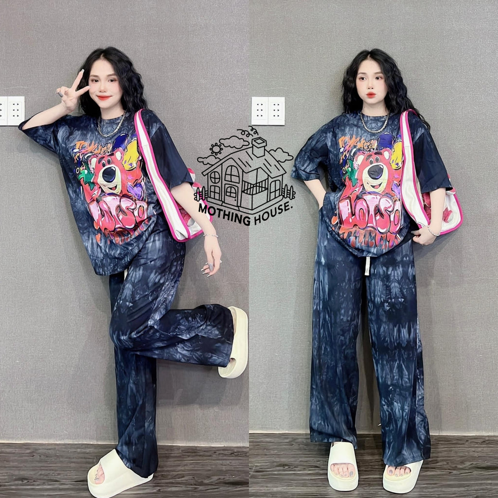 Summer Loose Cartoon Print Two-Piece Set for Women