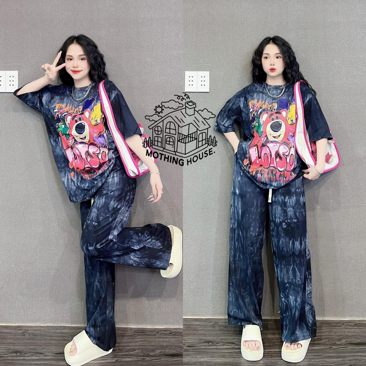 Summer Loose Cartoon Print Two-Piece Set for Women