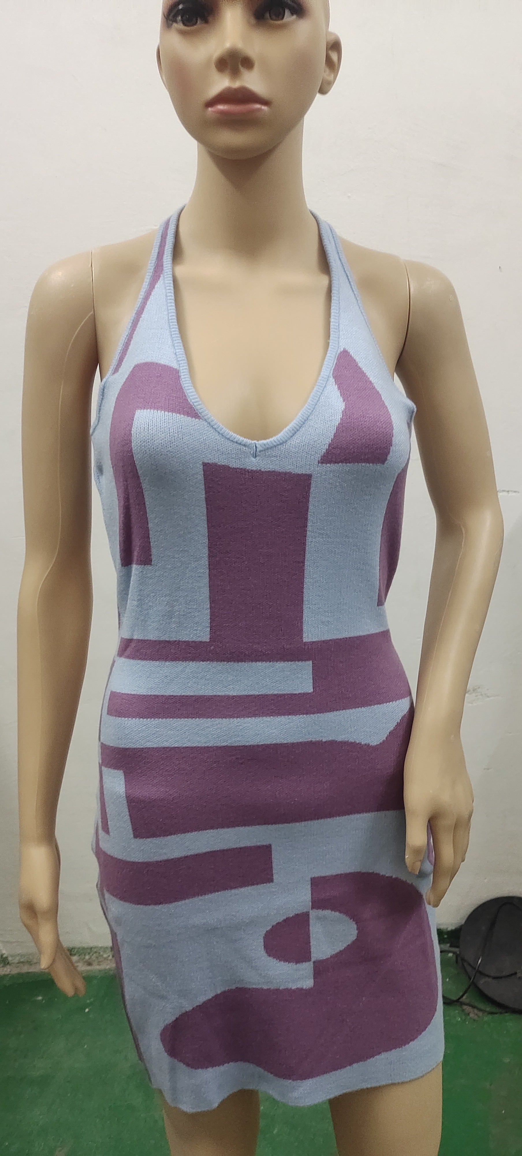 2022 Spring Color Block Sexy V-Neck Knit Dress