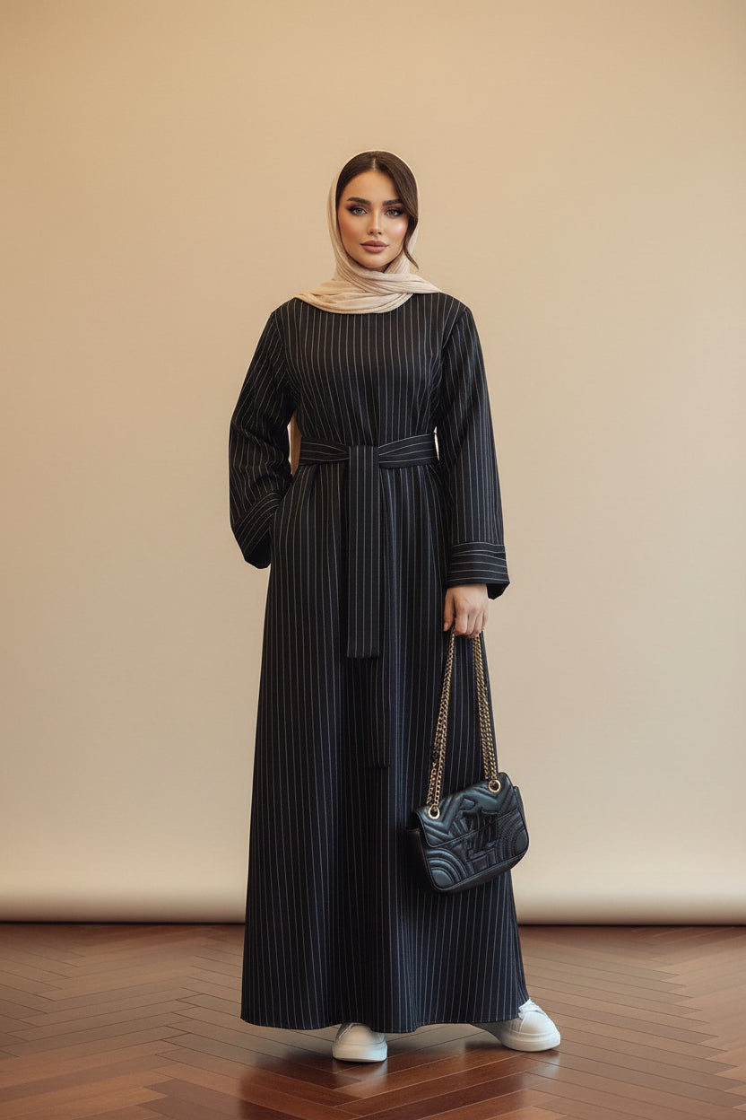 Person wearing a long dark blue dress holding a black handbag in an elegant room.