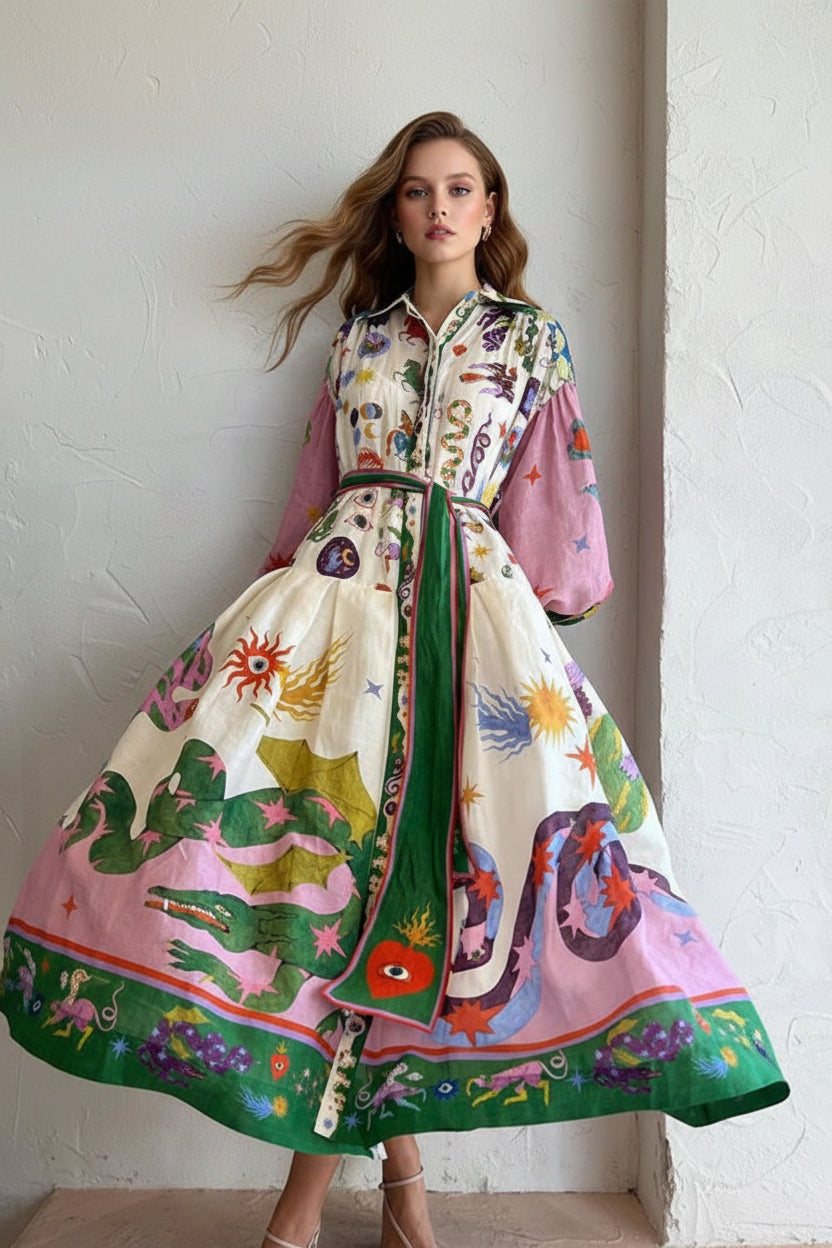 Colorful dress with abstract patterns on a plain background