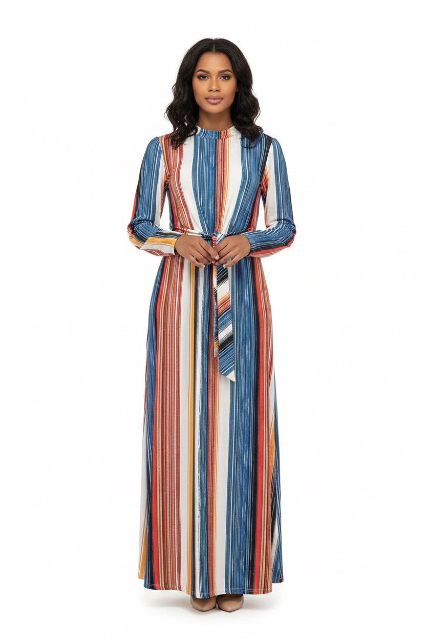The Hiver Striped Long Sleeve Midi Dress | Evarisluxe