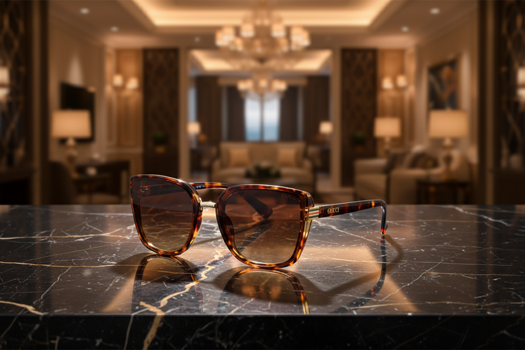 Tortoiseshell sunglasses with brown gradient lenses on a white background