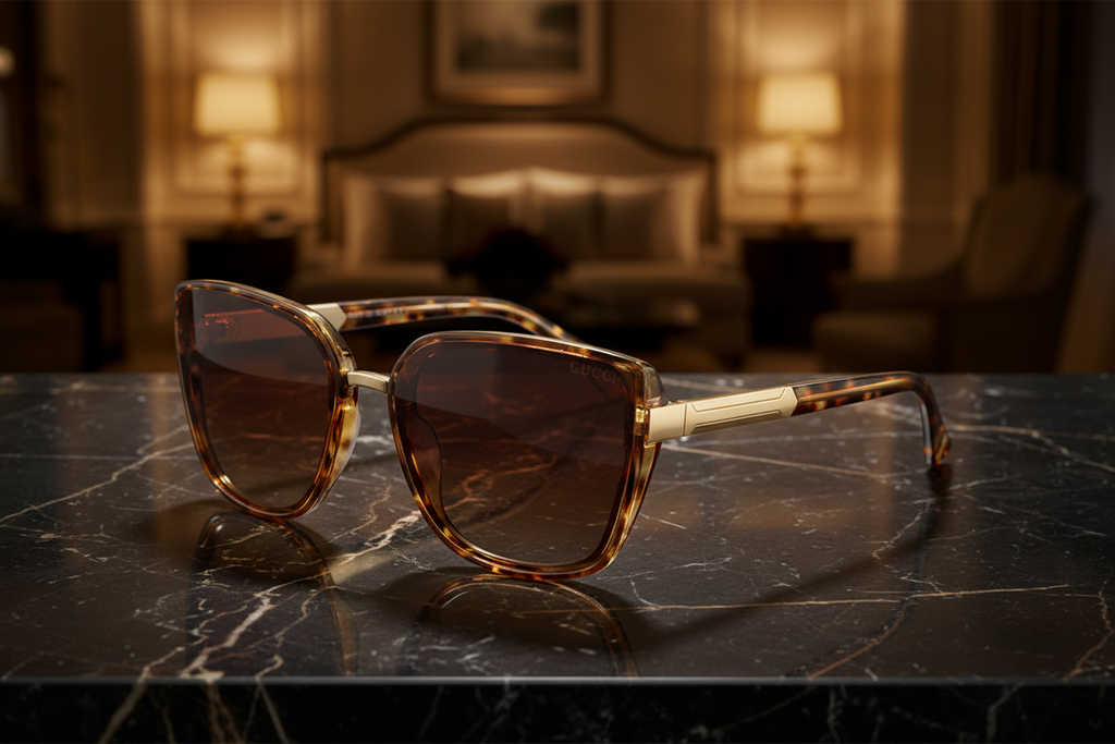 Tortoiseshell sunglasses with brown gradient lenses on a white background