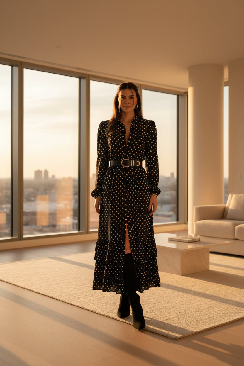 The Pois Chic Long Sleeve Woven Dress | Evarisluxe