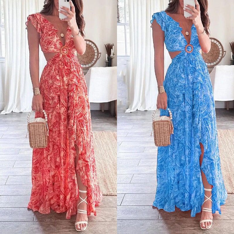 2023 Summer Print Deep V Sexy Long Dress for Women