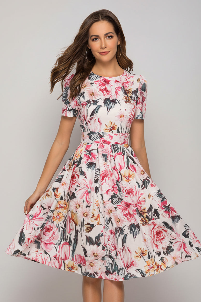Woman wearing a floral dress on a white background