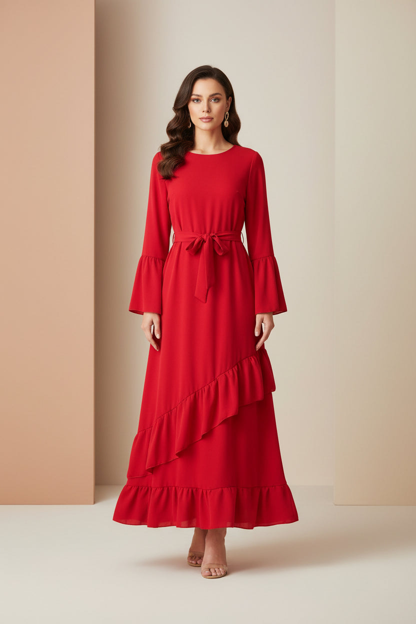 Red dress shown from front and back on a white background