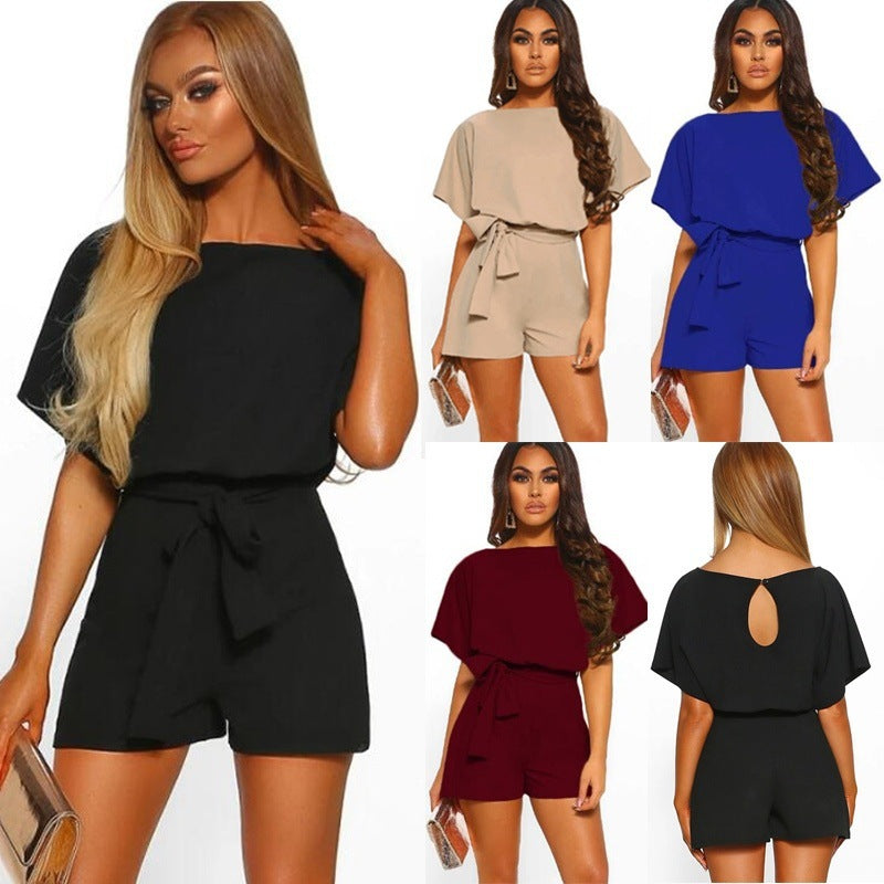 Fashionable Solid Color Belted Short Jumpsuit for Summer