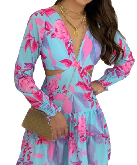 Spring Floral Long Sleeve Deep V Dress for Women 2022