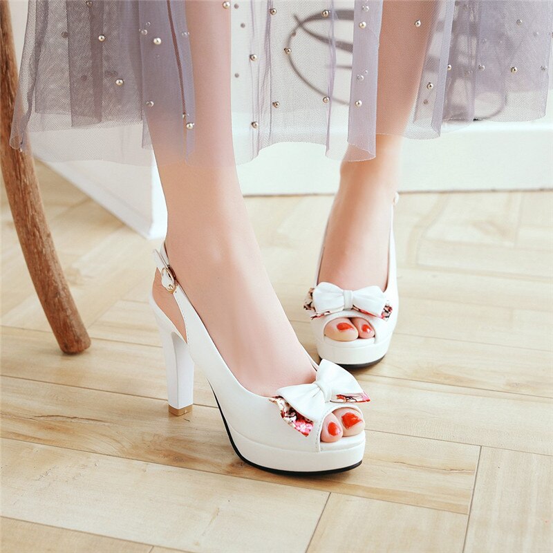 Summer Peep Toe Sandals for Women with Bow and Chunky Heel