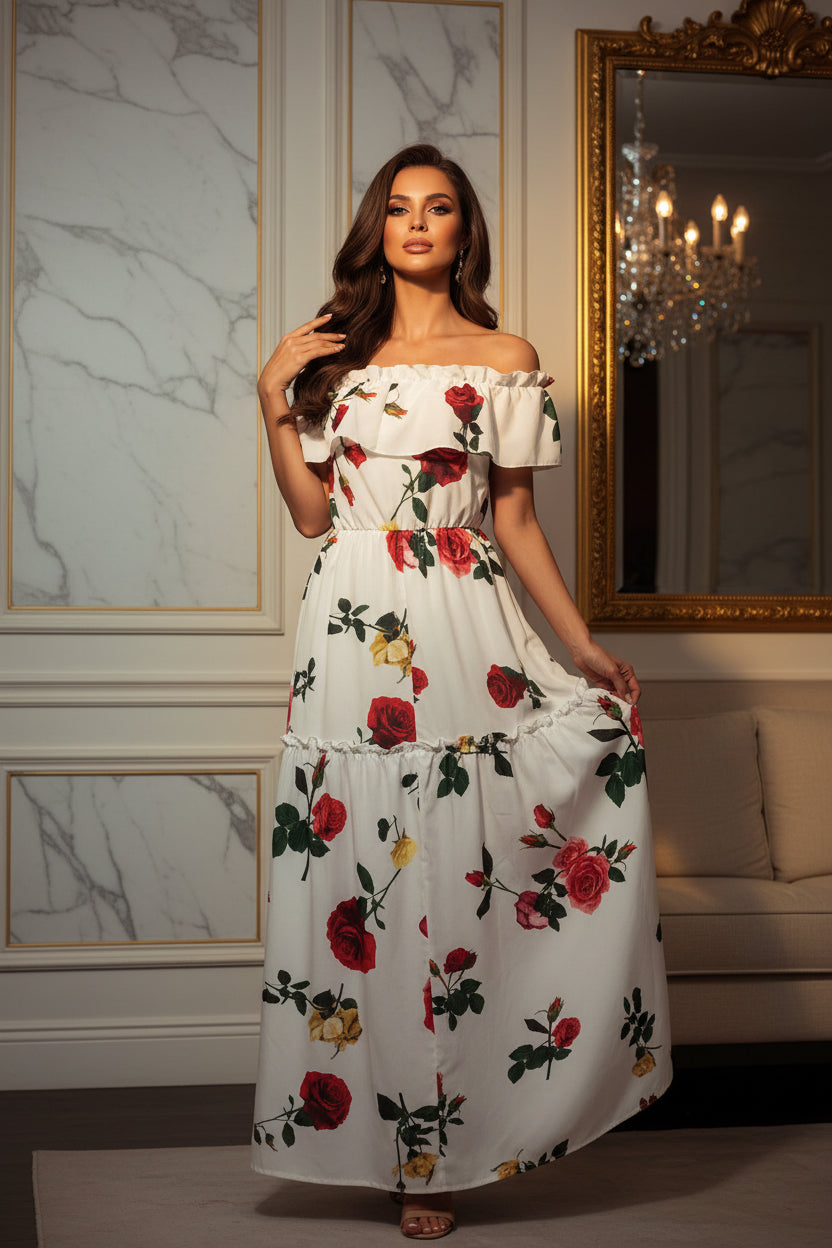 Floral off-shoulder dress on a white background
