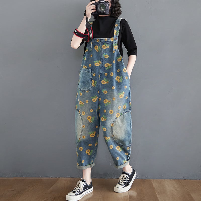 Women's Retro Print Denim Overalls for Summer