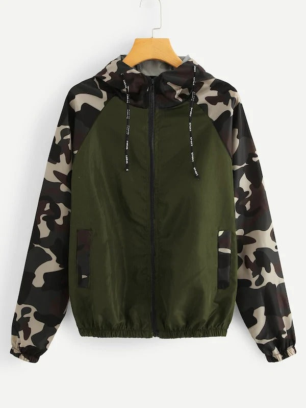 Camouflage Color-Block Zipper Hoodie Jacket for Women