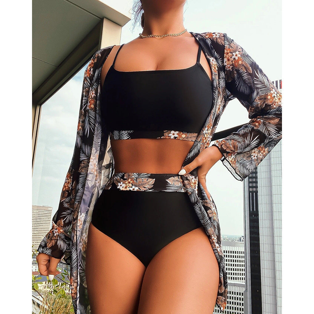 High Waist Women's Three-Piece Swimsuit Set with Cover-Up