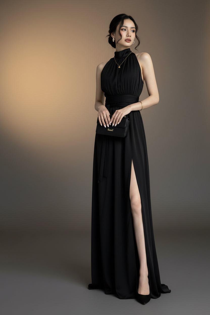 Woman wearing a black sleeveless dress with a high slit on a plain background