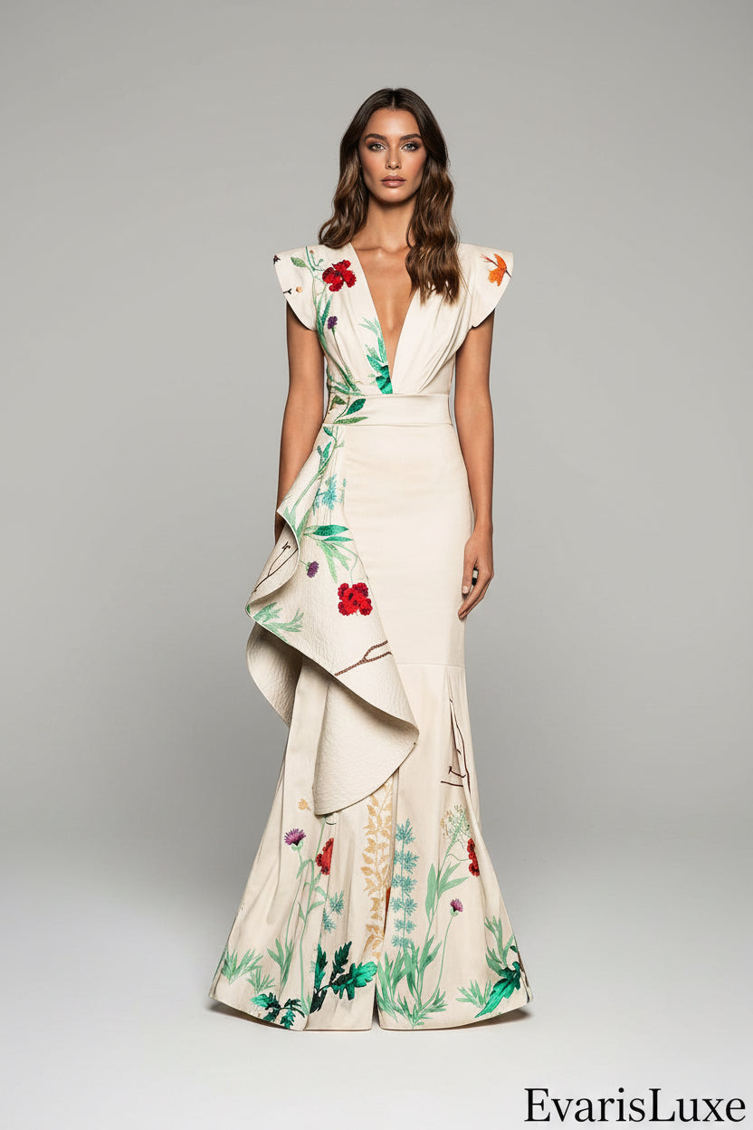 Woman wearing a floral dress on a white background
