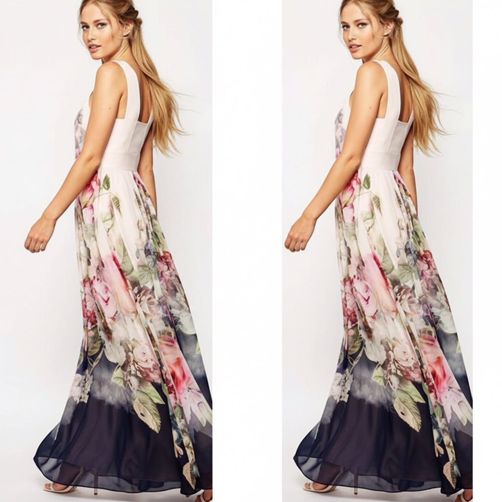 Woman wearing a floral dress on a white background
