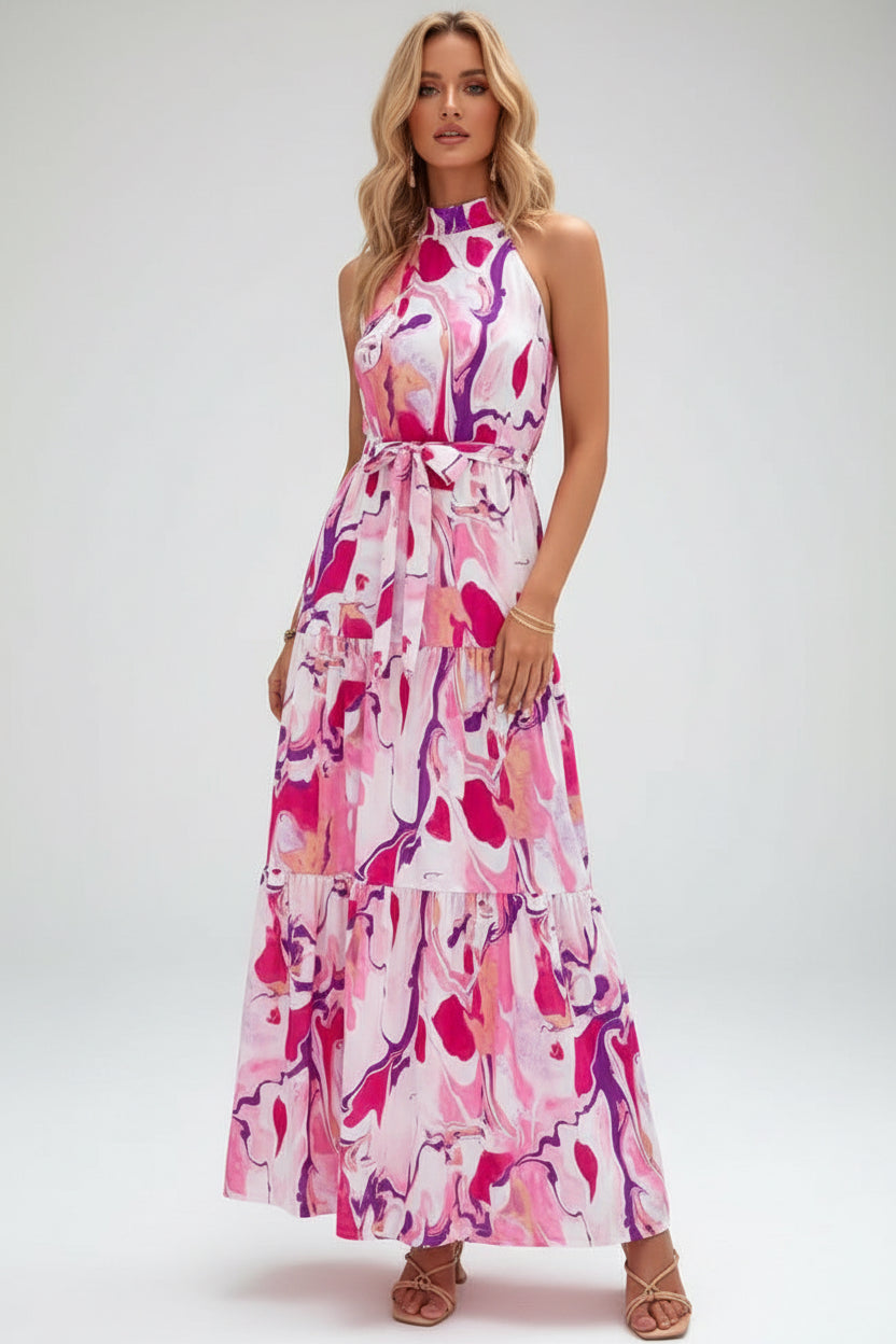 Woman wearing a pink floral dress in various settings
