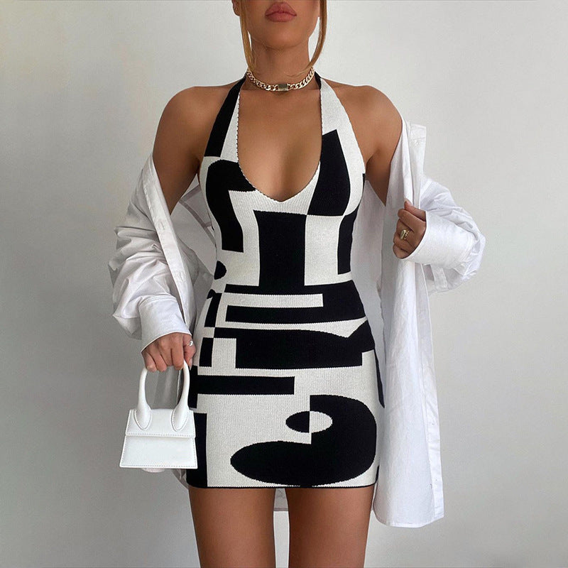 2022 Spring Color Block Sexy V-Neck Knit Dress