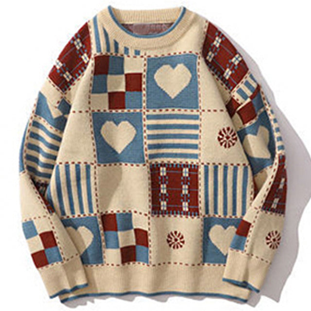 Vintage Hip Hop Love Knitted Cotton Sweater for Men