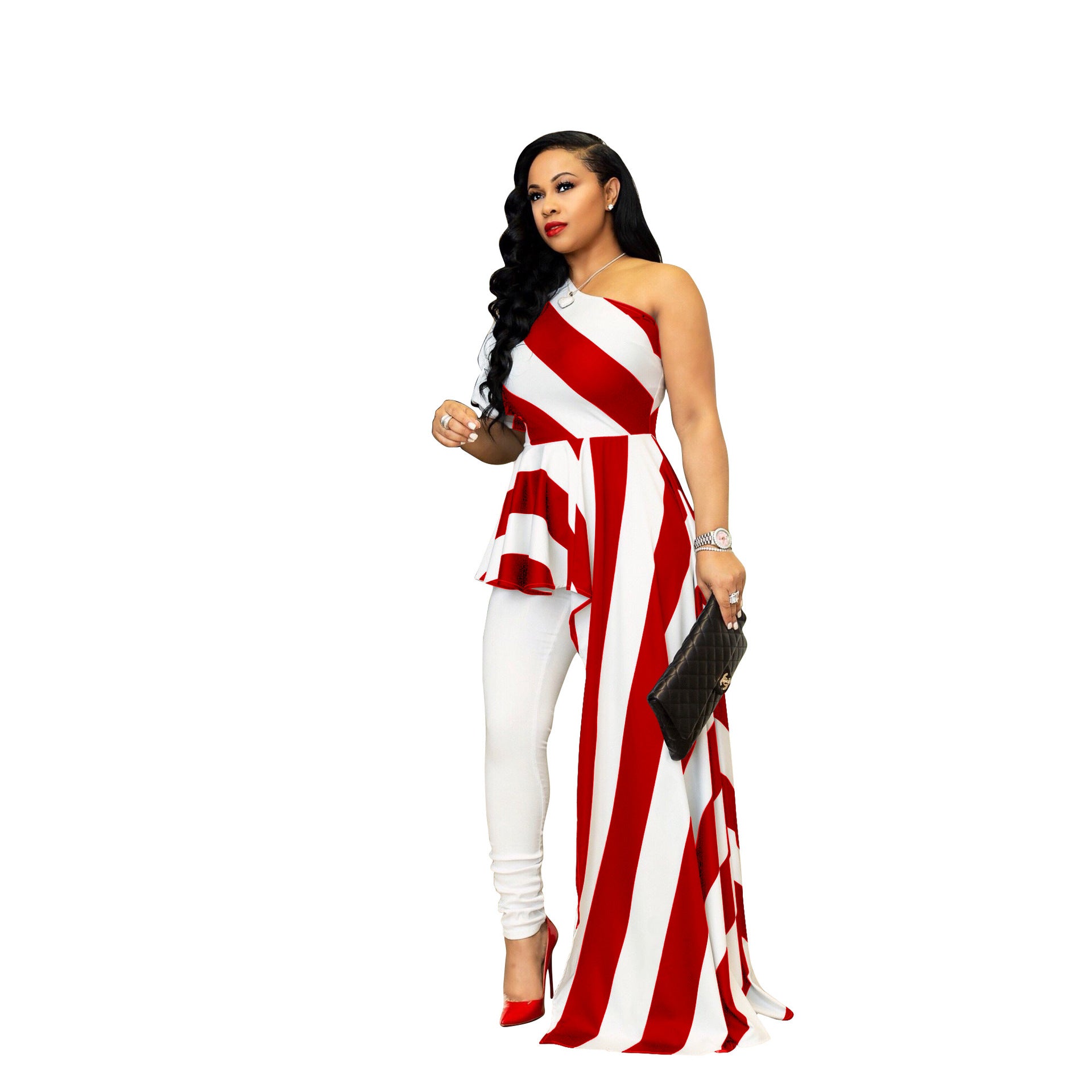Oblique Shoulder Striped Long Dress for Women