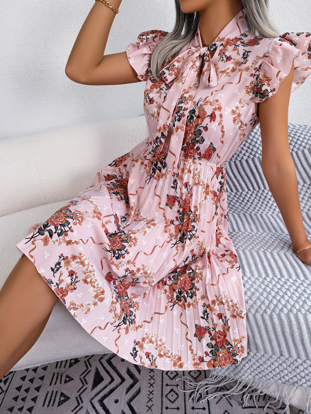 2024 Spring/Summer Floral Waist-Tie Pleated Skirt