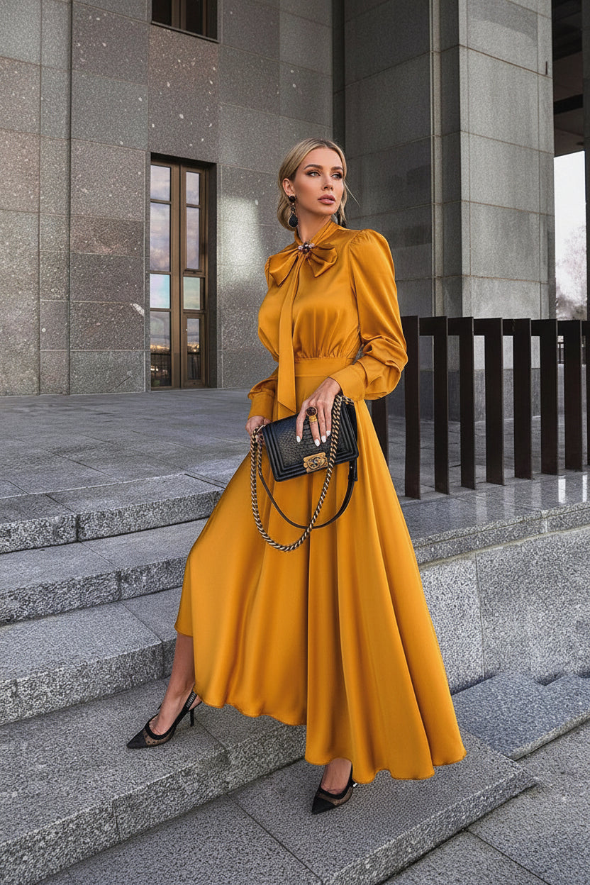 Woman in a mustard yellow dress holding a black handbag on stone steps.