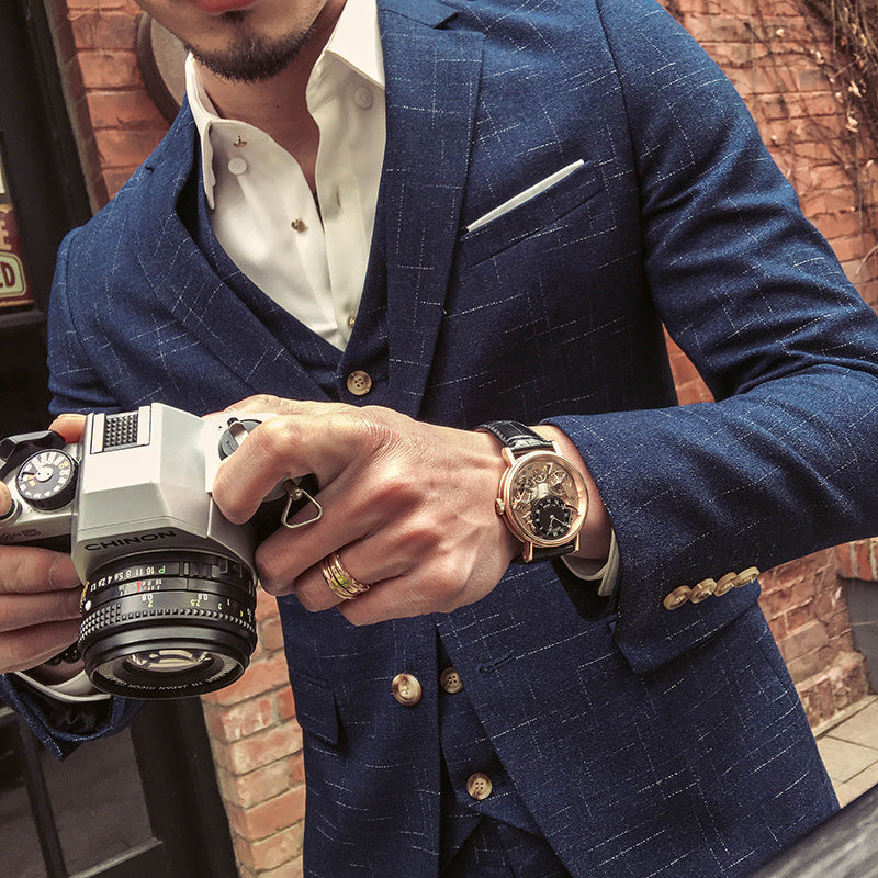 Men's Slim Fit Plaid Three-Piece Suit Set (Plus Size)