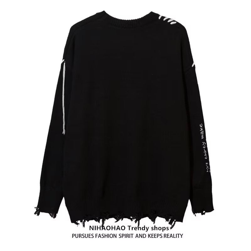 Hip Hop Men’s Ripped Smiley Face Knitted Sweater