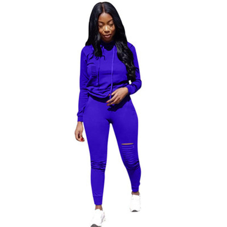 Women's Solid Color Floral Hoodie Two-Piece Set
